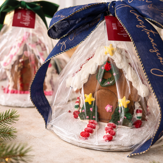 Decorative gingerbread house in a clear plastic dome with a blue ribbon, surrounded by Christmas decorations.